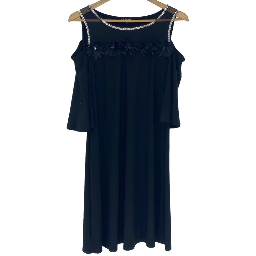 Prelude LBD rhinestone embellished cold shoulder scoop neck black dress sz Small
